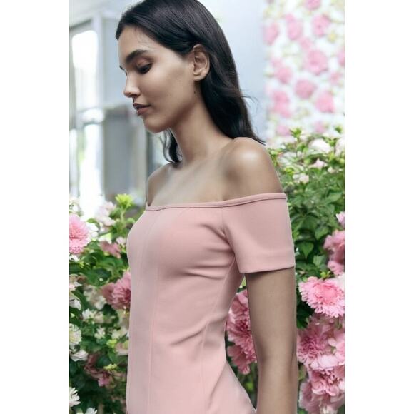 60% OFF NWT Zara Pale Pink Midi Off Shoulder Dress M MSRP $138 - Picture 4 of 8